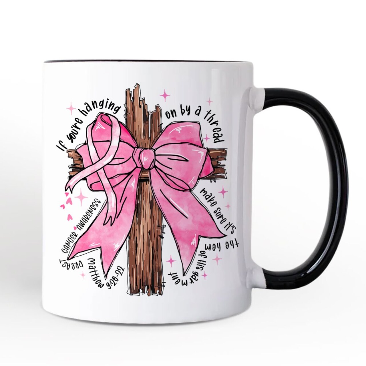 Breast Cancer Pink Bow Cross Mug, Awareness Faith Christian Gift